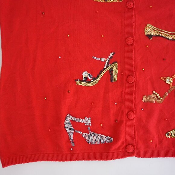 Quacker Factory Red Beaded High Heels Button Up Cardigan Sweater Retro Beaded L - Picture 6 of 10